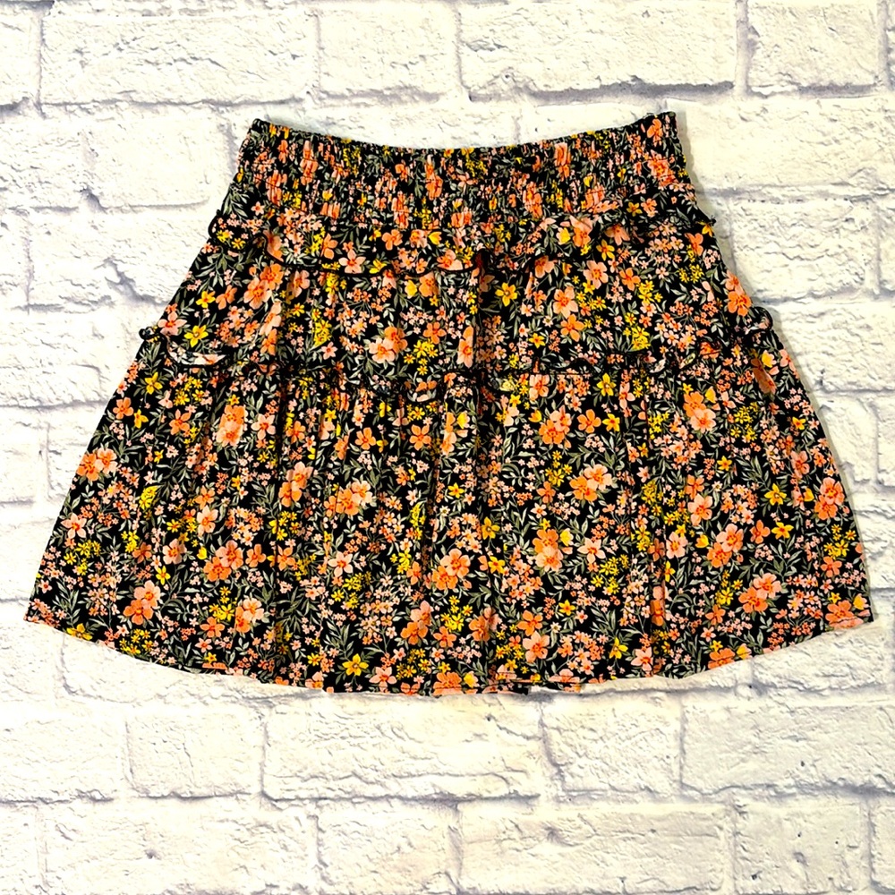 American Eagle Floral Mini Skirt Ruffle Flowy Orange Black Yellow Size XS